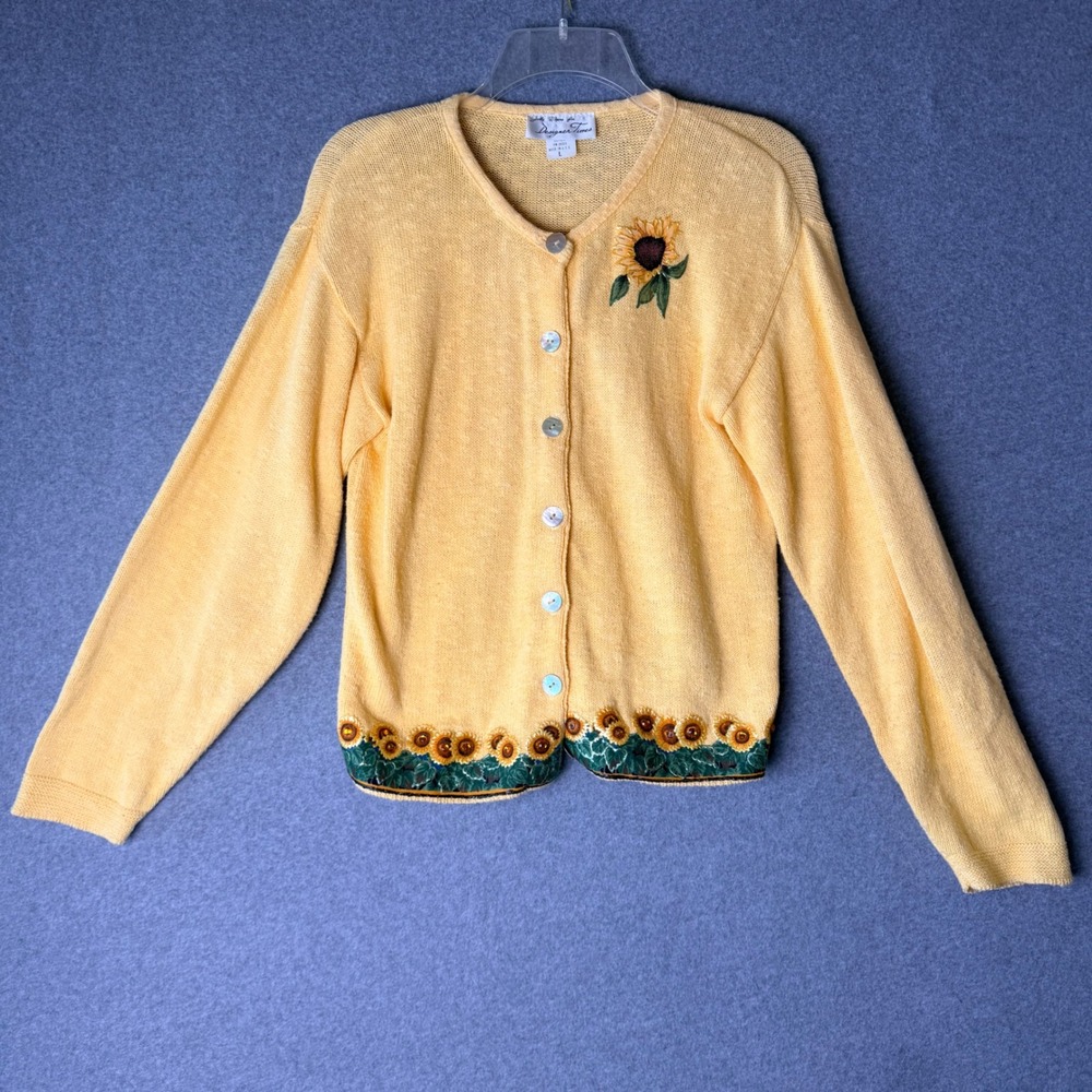 VTG Judy Myers Designer Times Yellow Sunflower Cardigan Sweater Women's‎ LG USA